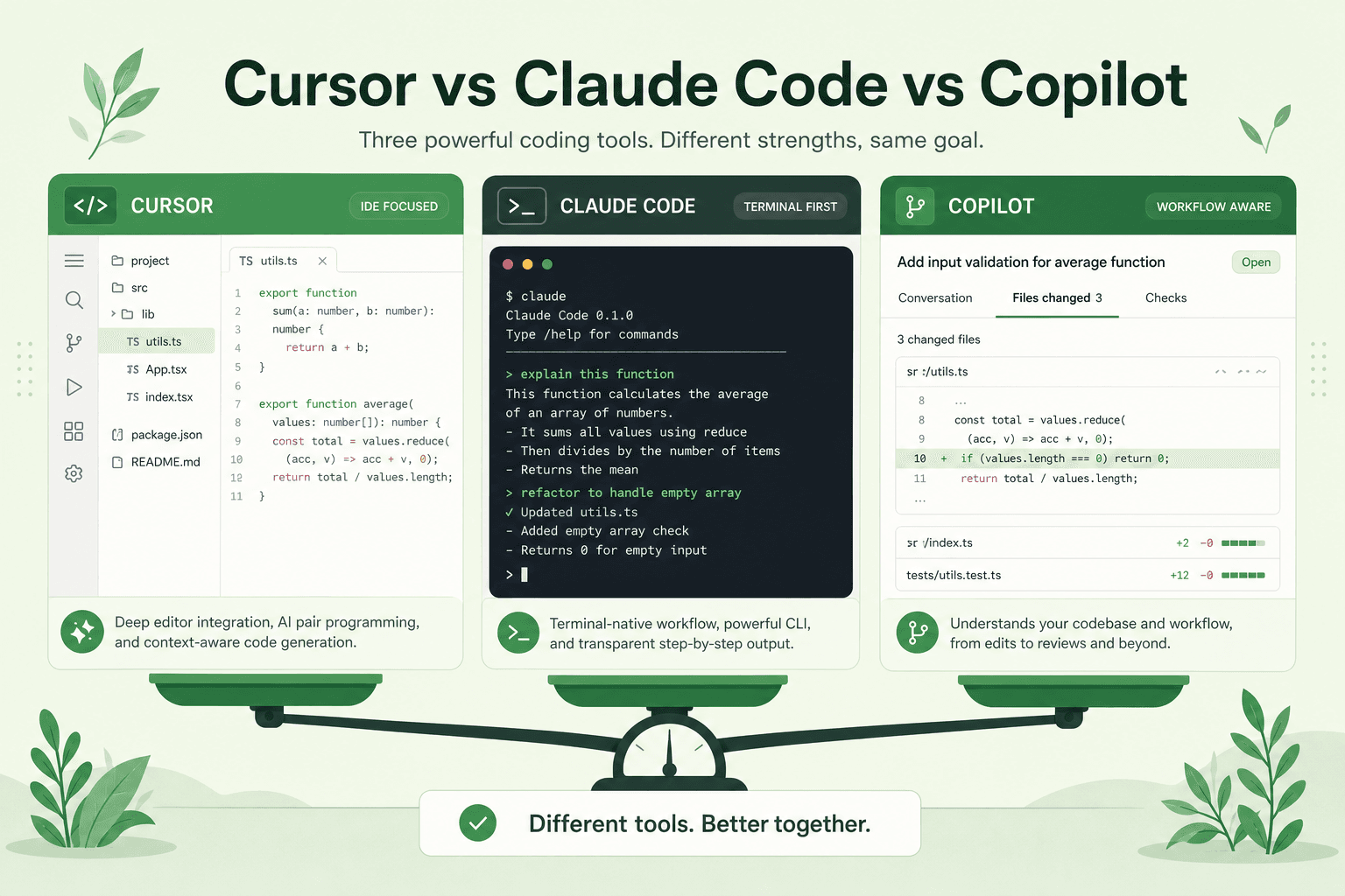 Illustration comparing three abstract coding tool panels side by side