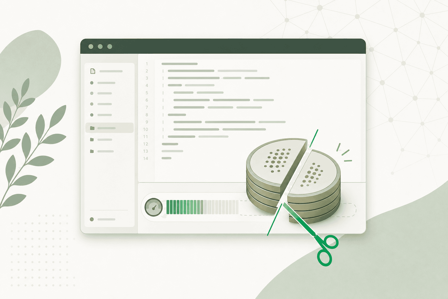 Illustration of an IDE window with a token meter being cut in half