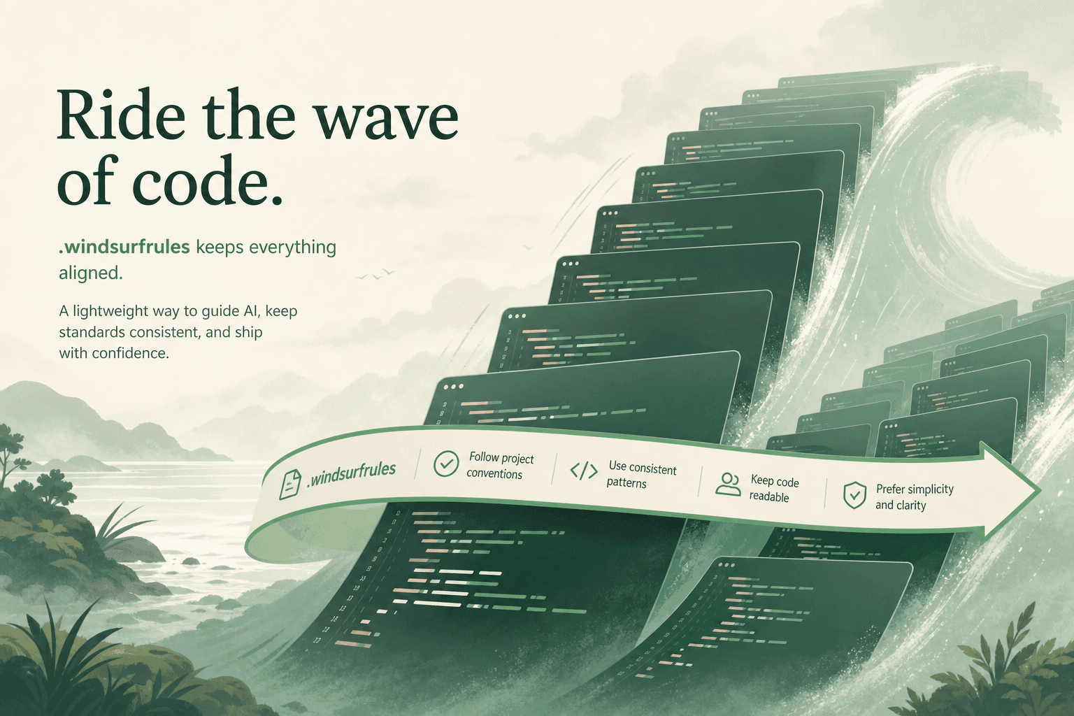 Illustration of cascading code panels guided by a Windsurf-style rule ribbon